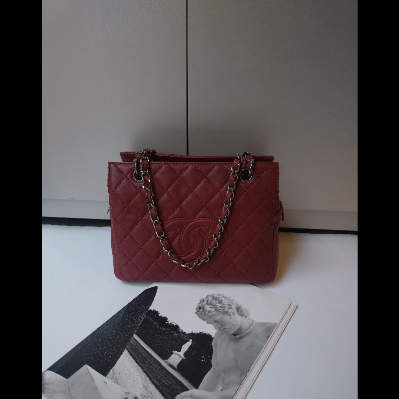 Chanel 銀鍊紅皮菱格三層小托特包 小豆腐包-0