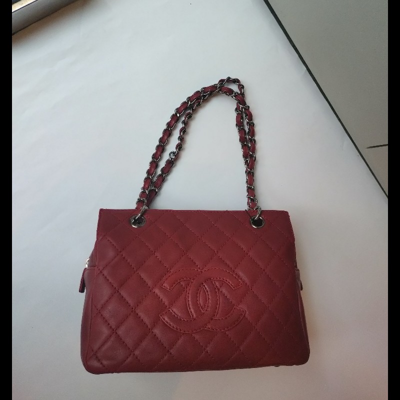 Chanel 銀鍊紅皮菱格三層小托特包 小豆腐包-1