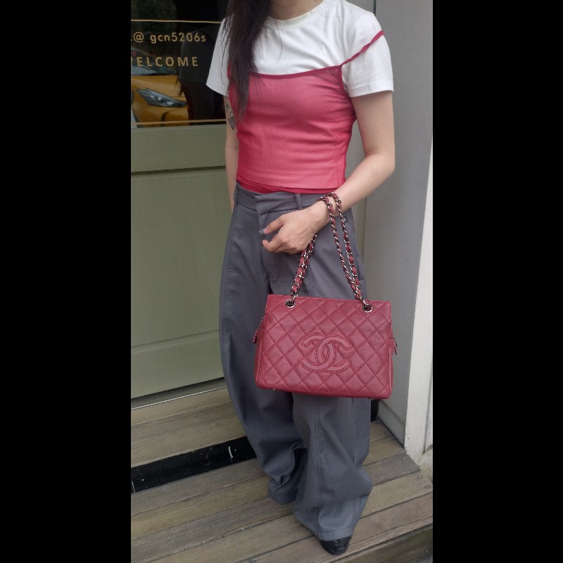 Chanel 銀鍊紅皮菱格三層小托特包 小豆腐包-2