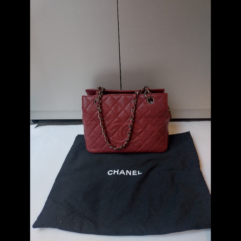 Chanel 銀鍊紅皮菱格三層小托特包 小豆腐包-4