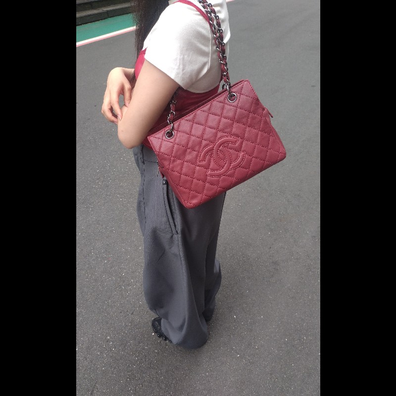 Chanel 銀鍊紅皮菱格三層小托特包 小豆腐包-5