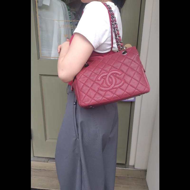 Chanel 銀鍊紅皮菱格三層小托特包 小豆腐包-6