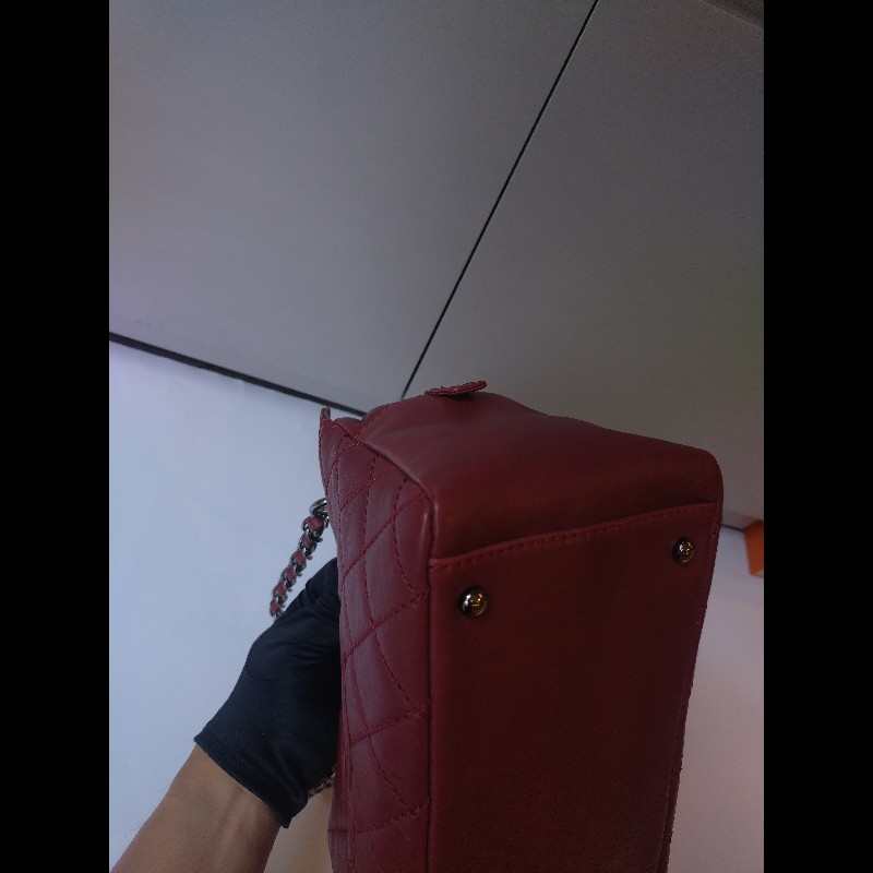 Chanel 銀鍊紅皮菱格三層小托特包 小豆腐包-12