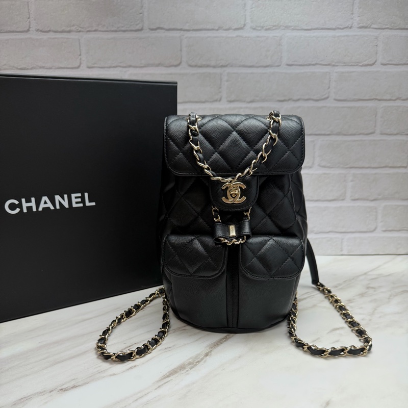 香奈兒 Chanel 荔枝牛皮 雙肩包 後背包 黑色金釦-0