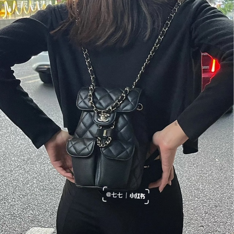 香奈兒 Chanel 荔枝牛皮 雙肩包 後背包 黑色金釦-1