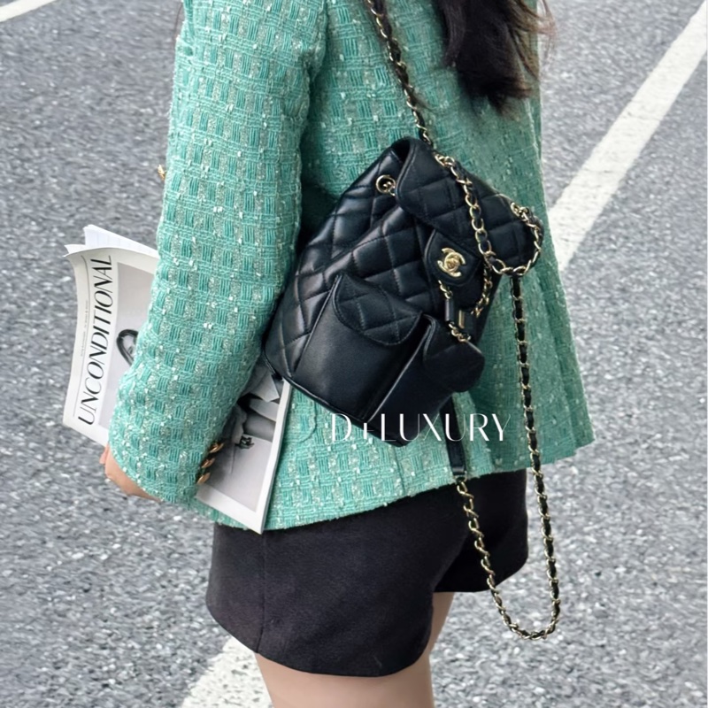 香奈兒 Chanel 荔枝牛皮 雙肩包 後背包 黑色金釦-2