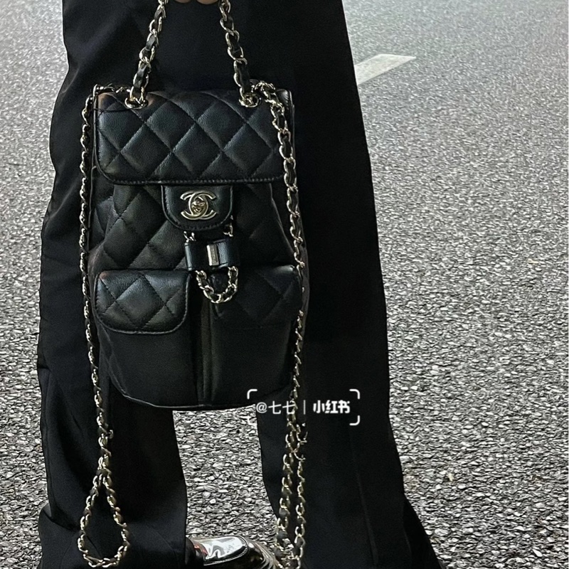 香奈兒 Chanel 荔枝牛皮 雙肩包 後背包 黑色金釦-3