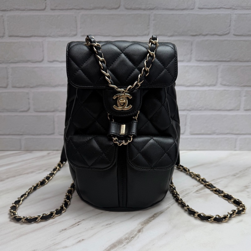 香奈兒 Chanel 荔枝牛皮 雙肩包 後背包 黑色金釦-5