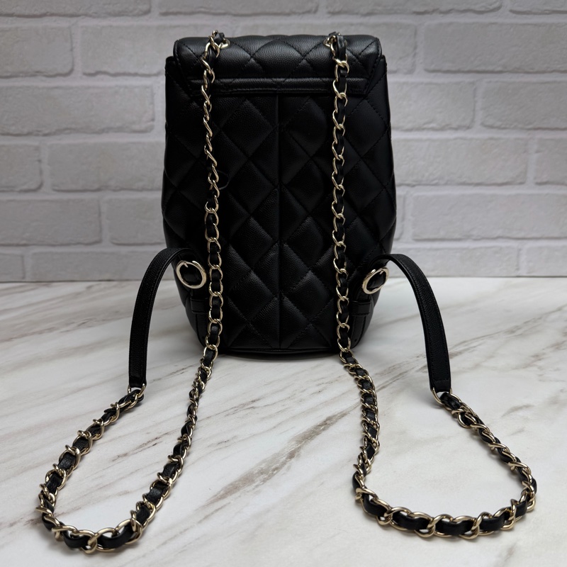 香奈兒 Chanel 荔枝牛皮 雙肩包 後背包 黑色金釦-6