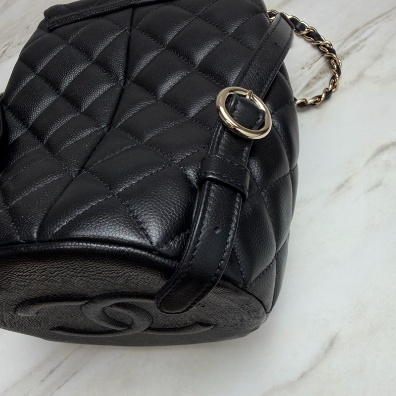 香奈兒 Chanel 荔枝牛皮 雙肩包 後背包 黑色金釦-8