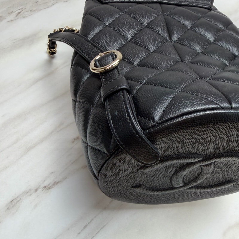 香奈兒 Chanel 荔枝牛皮 雙肩包 後背包 黑色金釦-9