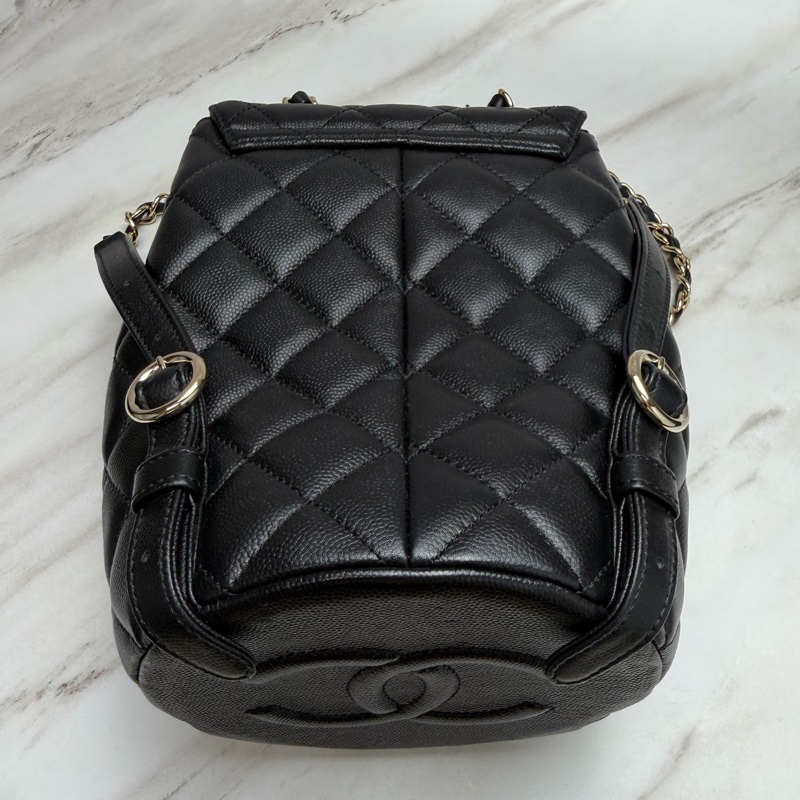 香奈兒 Chanel 荔枝牛皮 雙肩包 後背包 黑色金釦-10