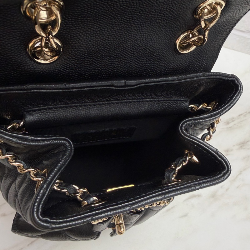 香奈兒 Chanel 荔枝牛皮 雙肩包 後背包 黑色金釦-11