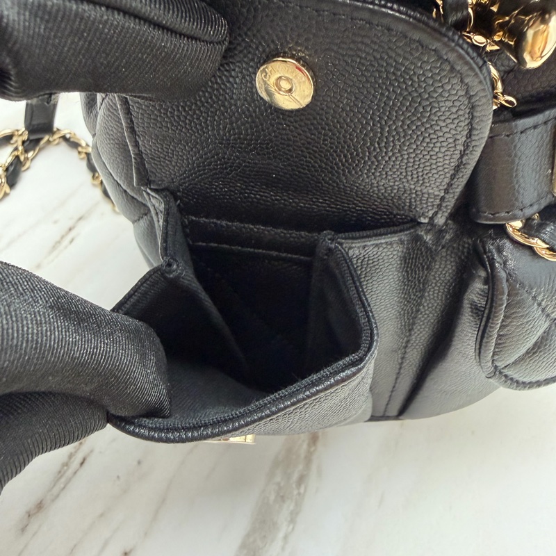 香奈兒 Chanel 荔枝牛皮 雙肩包 後背包 黑色金釦-14