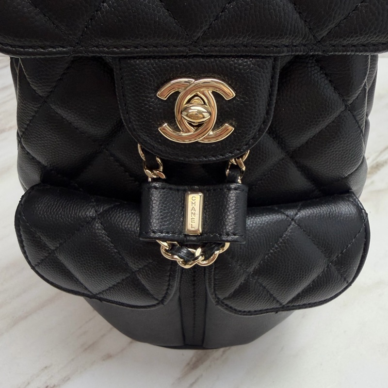 香奈兒 Chanel 荔枝牛皮 雙肩包 後背包 黑色金釦-15