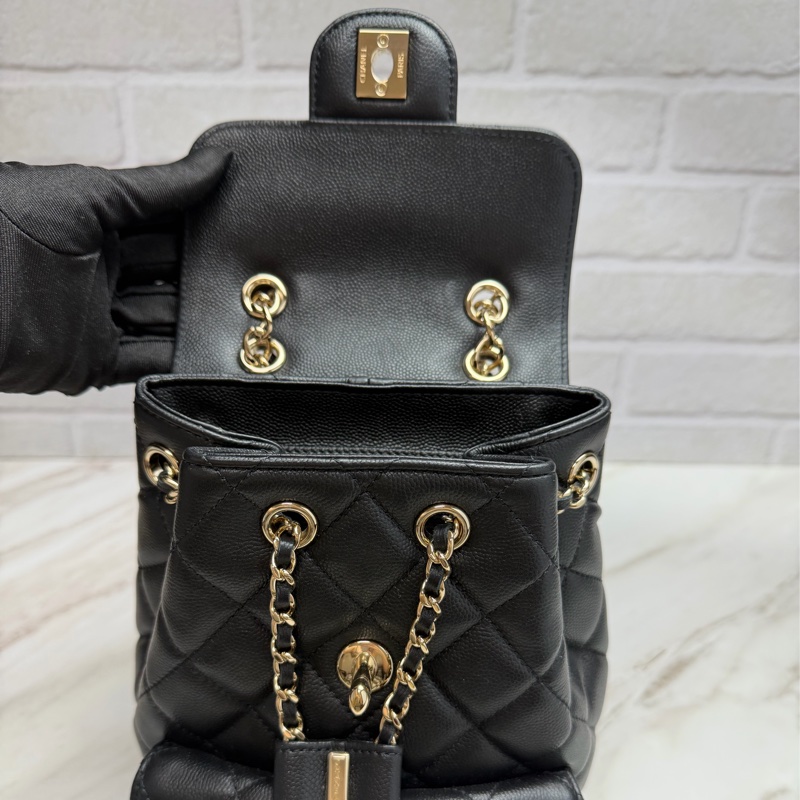 香奈兒 Chanel 荔枝牛皮 雙肩包 後背包 黑色金釦-16