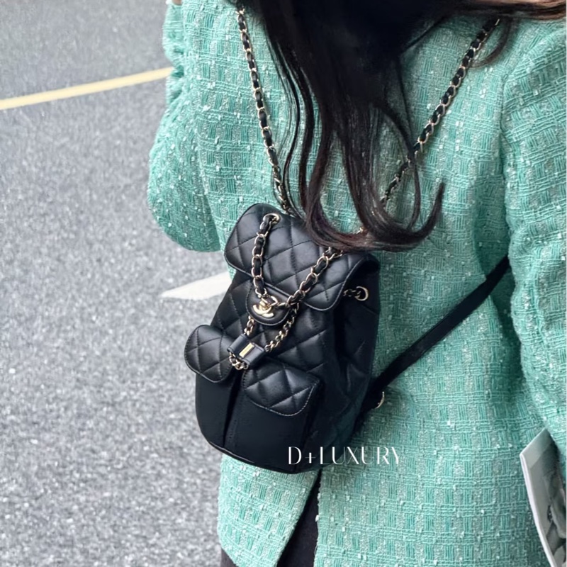 香奈兒 Chanel 荔枝牛皮 雙肩包 後背包 黑色金釦-18