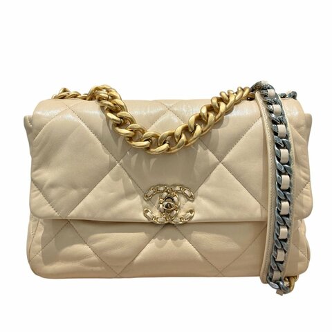 CHANEL 香奈兒 19 BAG 翻蓋肩背包 羊皮 米色 金釦