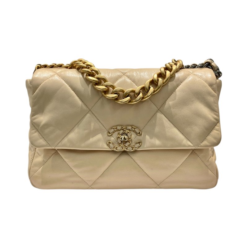 CHANEL 香奈兒 19 BAG 翻蓋肩背包 羊皮 米色 金釦-1