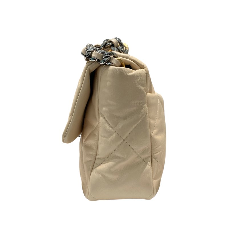 CHANEL 香奈兒 19 BAG 翻蓋肩背包 羊皮 米色 金釦-3