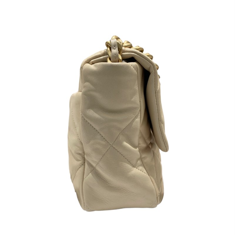 CHANEL 香奈兒 19 BAG 翻蓋肩背包 羊皮 米色 金釦-4