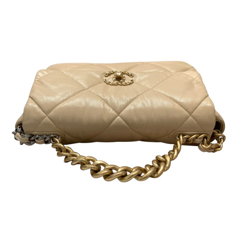 CHANEL 香奈兒 19 BAG 翻蓋肩背包 羊皮 米色 金釦-6