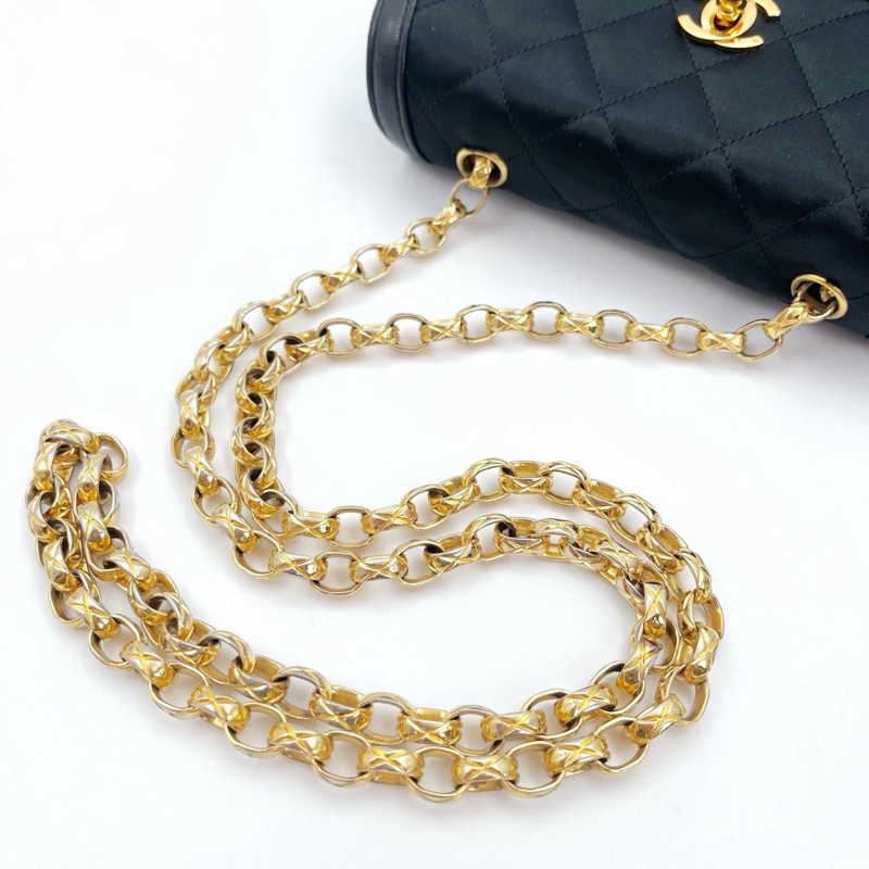 「JL精品代購」中古黑金緞面拼皮雕花鍊子母包-16