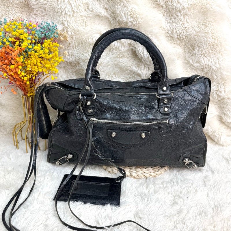 BALENCIAGA CITY 機車包 黑色 油蠟皮 大號 螺紋銀扣-0