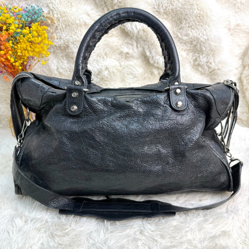 BALENCIAGA CITY 機車包 黑色 油蠟皮 大號 螺紋銀扣-2