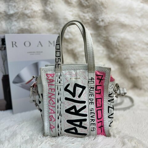 BALENCIAGA Bazar Shopper 白色 塗鴉 羊皮 xxs