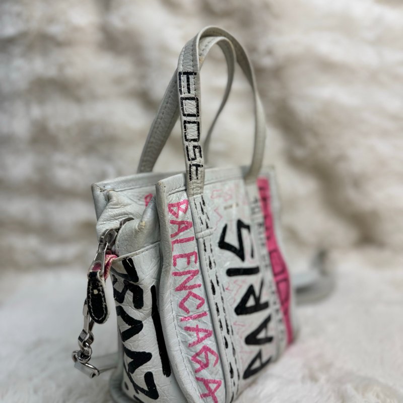 BALENCIAGA Bazar Shopper 白色 塗鴉 羊皮 xxs-2