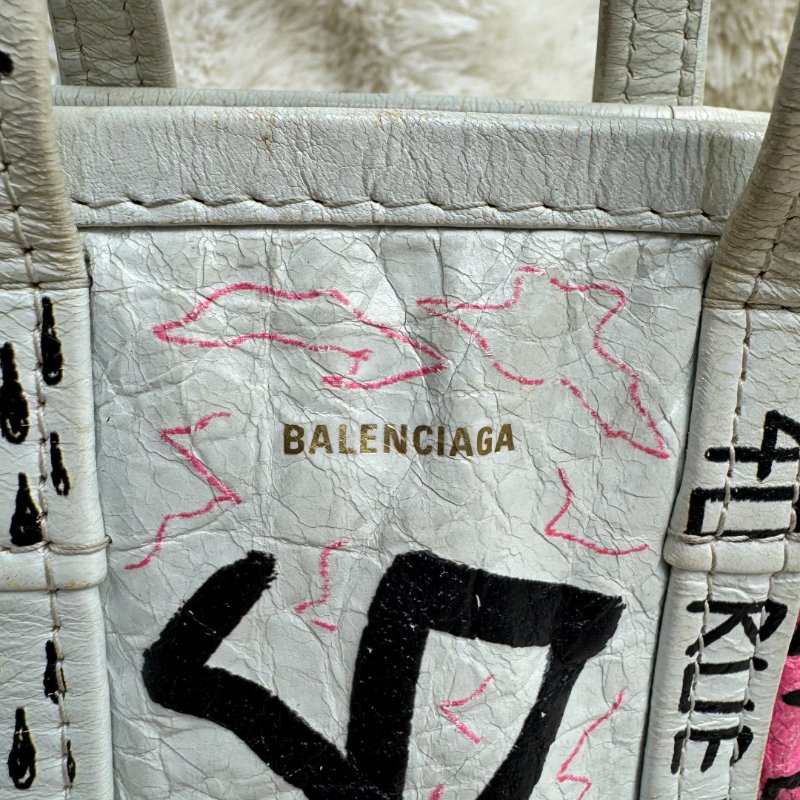 BALENCIAGA Bazar Shopper 白色 塗鴉 羊皮 xxs-4