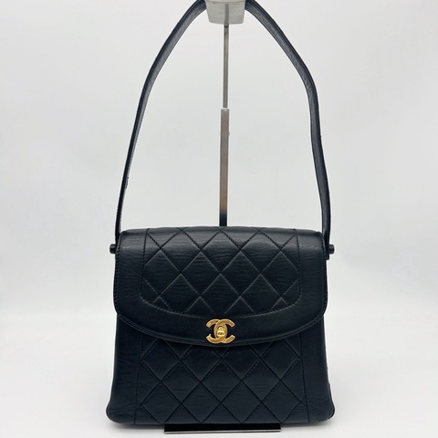 「JL精品代購」9新 香奈兒黑金羊皮菱格戴妃Kelly腋下包