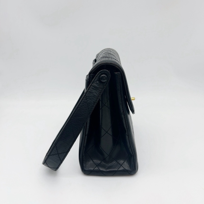 「JL精品代購」9新 香奈兒黑金羊皮菱格戴妃Kelly腋下包-3