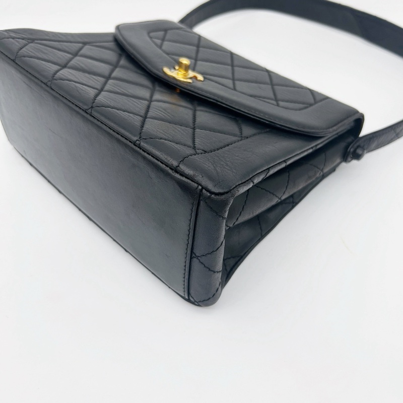 「JL精品代購」9新 香奈兒黑金羊皮菱格戴妃Kelly腋下包-8