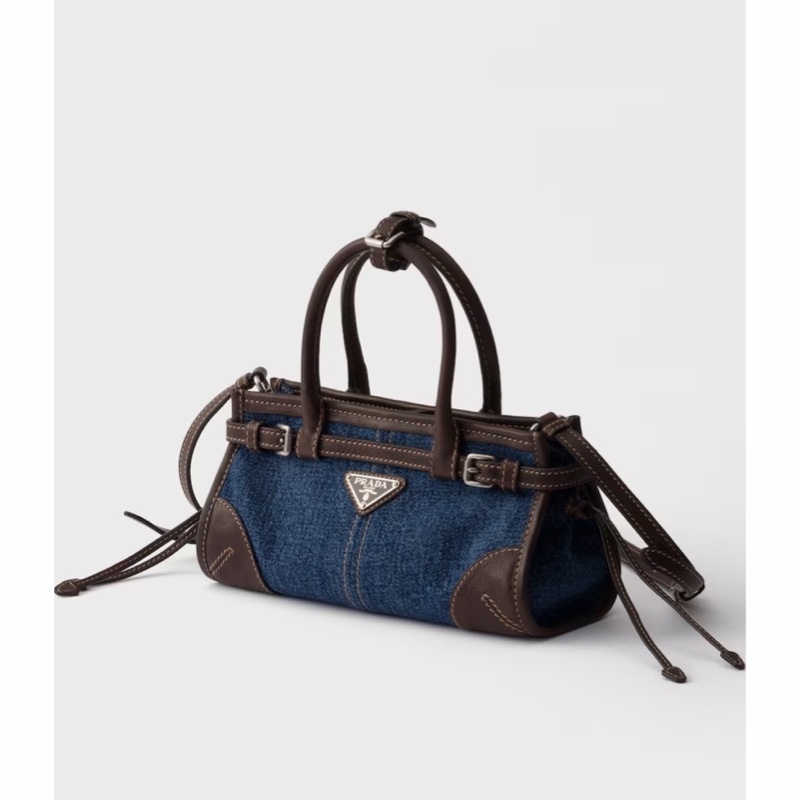 Prada 女士 Bonnie 小號牛仔布和水牛皮手提包均碼碼小號、23.5cm*9cm*12cm-2