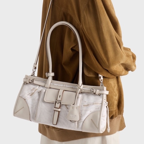 Prada 女士 Bonnie 中號印花亞麻皮革拼接手提包均碼碼中號、32cm*12cm*15.5cm