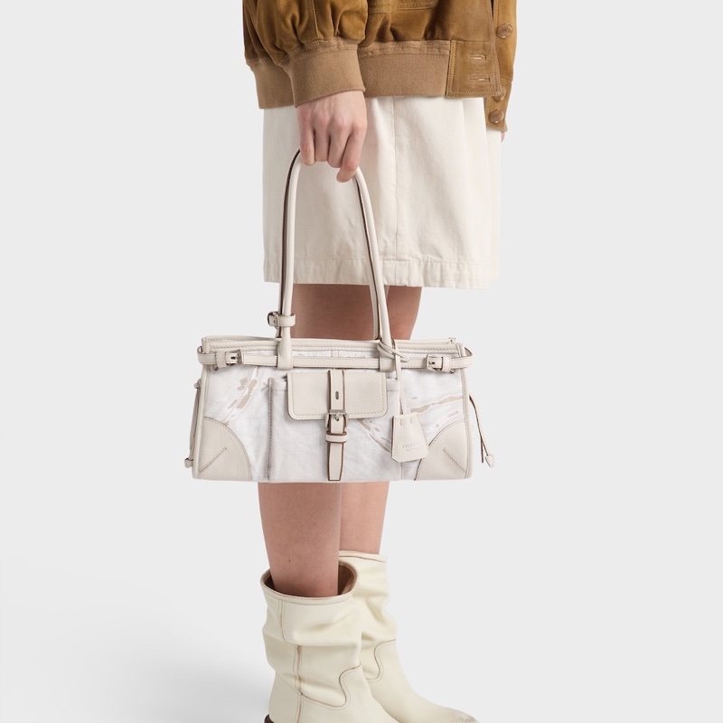 Prada 女士 Bonnie 中號印花亞麻皮革拼接手提包均碼碼中號、32cm*12cm*15.5cm-2