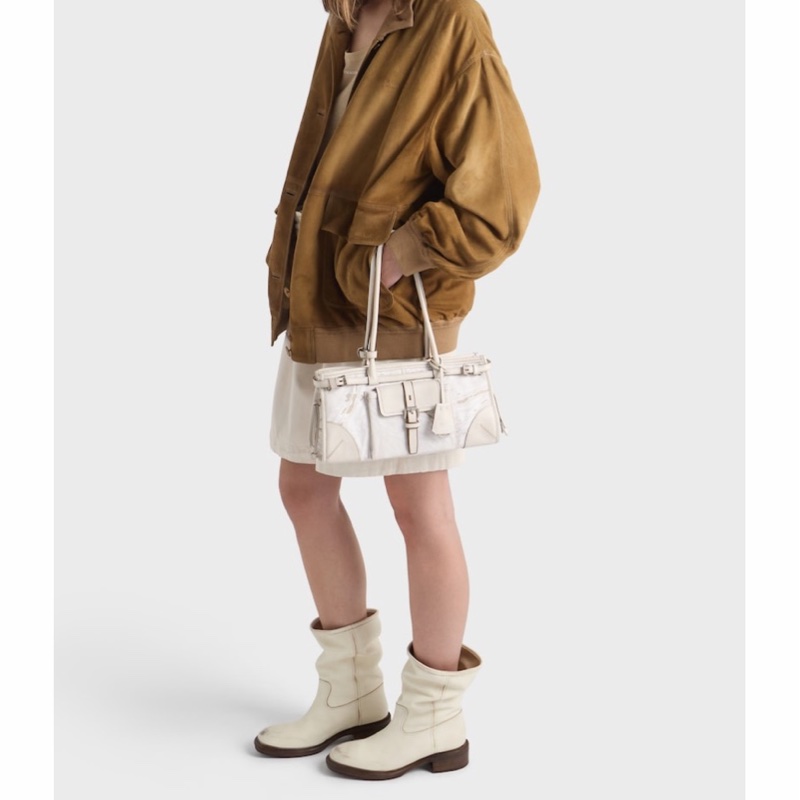 Prada 女士 Bonnie 中號印花亞麻皮革拼接手提包均碼碼中號、32cm*12cm*15.5cm-3