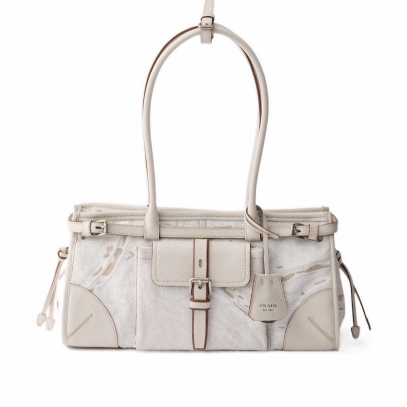 Prada 女士 Bonnie 中號印花亞麻皮革拼接手提包均碼碼中號、32cm*12cm*15.5cm-5