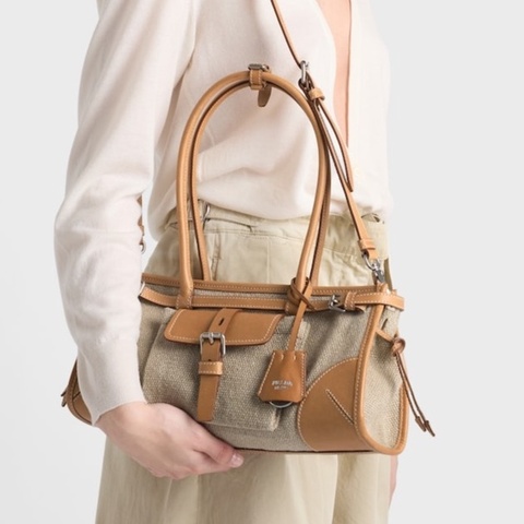 Prada 女士 Bonnie 中號亞麻和皮革拼接手袋均碼碼中號、32cm*12cm*15.5cm