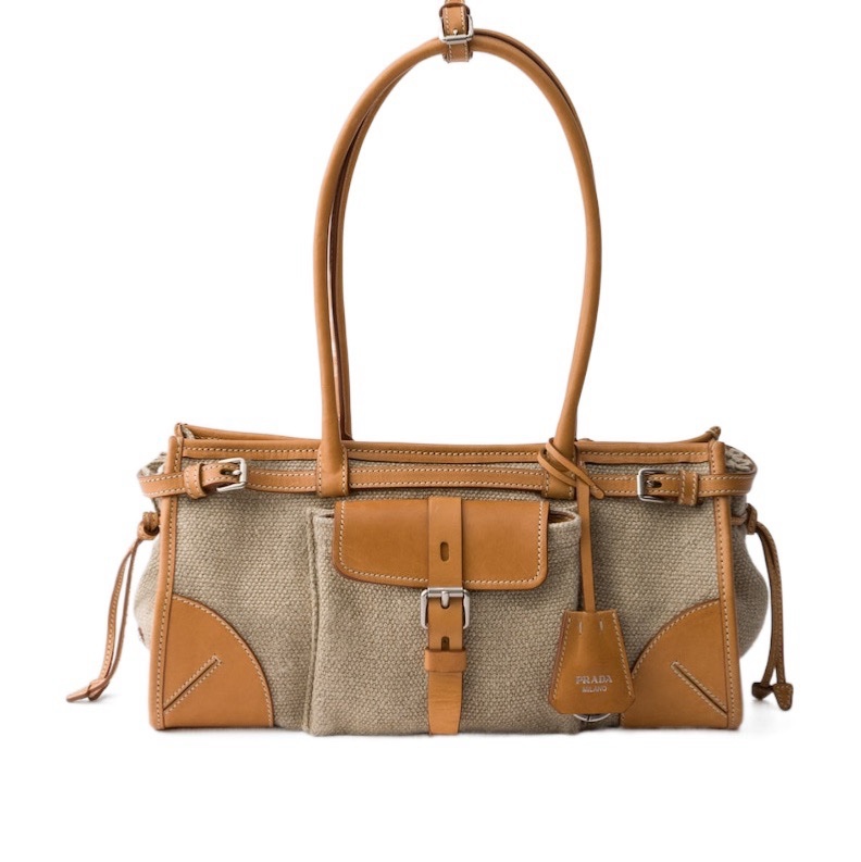 Prada 女士 Bonnie 中號亞麻和皮革拼接手袋均碼碼中號、32cm*12cm*15.5cm-1