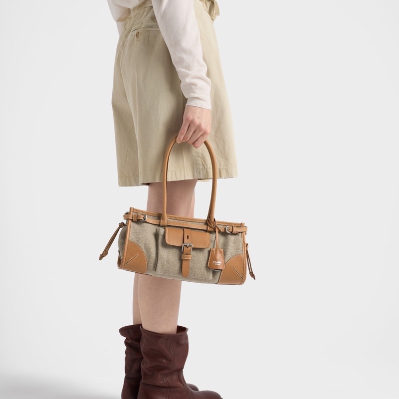 Prada 女士 Bonnie 中號亞麻和皮革拼接手袋均碼碼中號、32cm*12cm*15.5cm-4