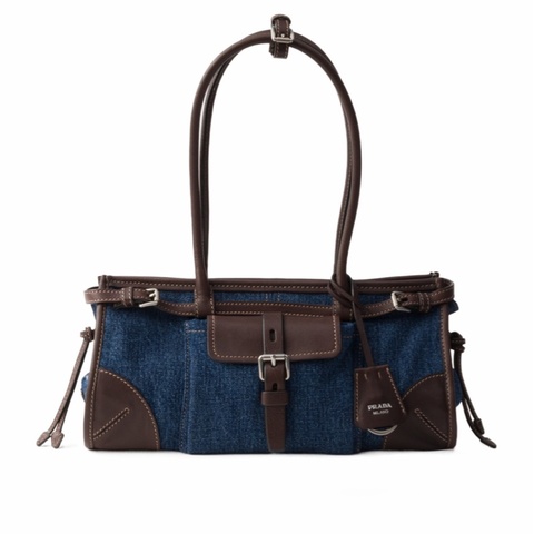 Prada 女士 Bonnie中號丹寧和皮革手袋均碼碼中號、32cm*12cm*15.5cm