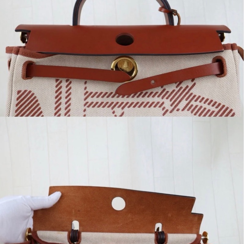 「JL精品代購」98新 Hermes 愛馬仕狂躁新娘herbag31 米拼紅棕金扣-8