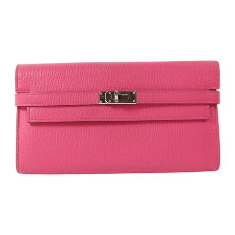 HERMES Chevre皮革Kelly Long Wallet銀扣長錢包Rose Mexico