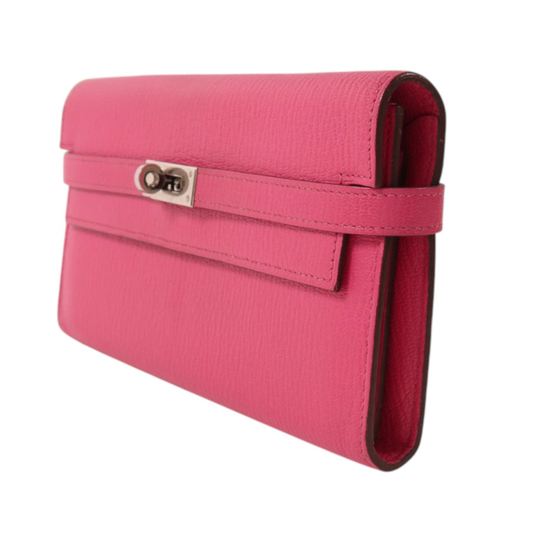 HERMES Chevre皮革Kelly Long Wallet銀扣長錢包Rose Mexico-2