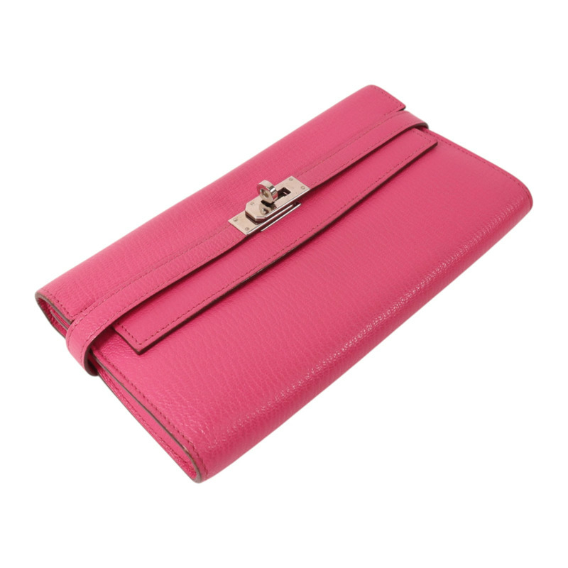 HERMES Chevre皮革Kelly Long Wallet銀扣長錢包Rose Mexico-3
