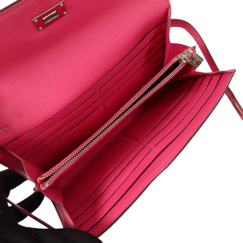 HERMES Chevre皮革Kelly Long Wallet銀扣長錢包Rose Mexico-5