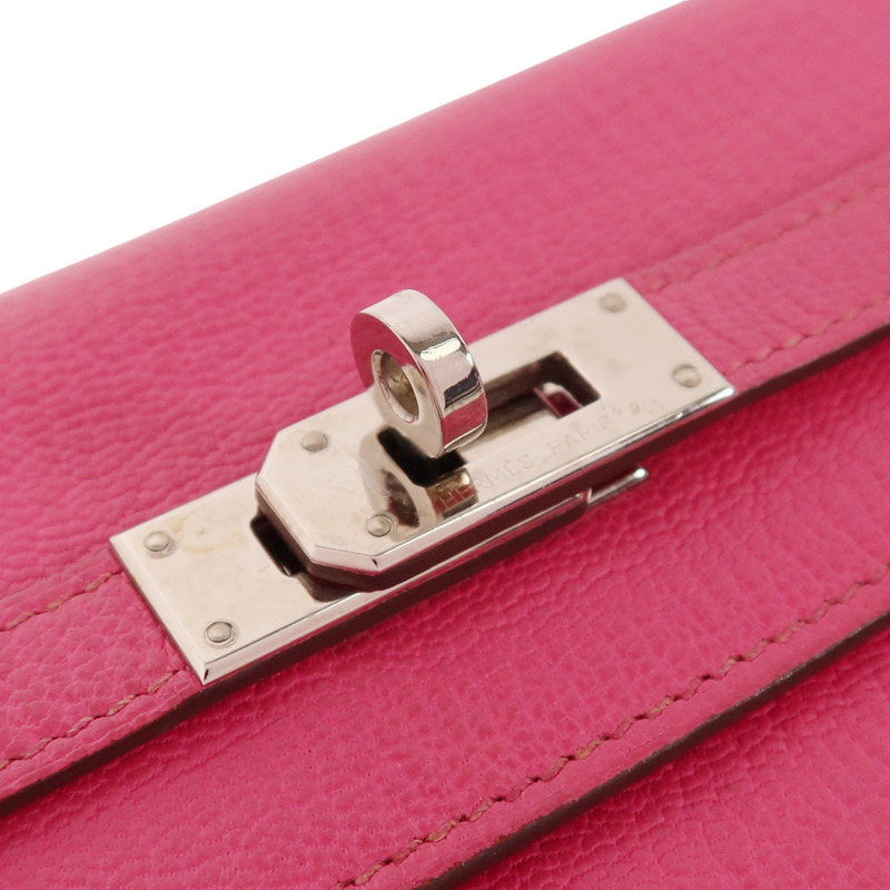 HERMES Chevre皮革Kelly Long Wallet銀扣長錢包Rose Mexico-9